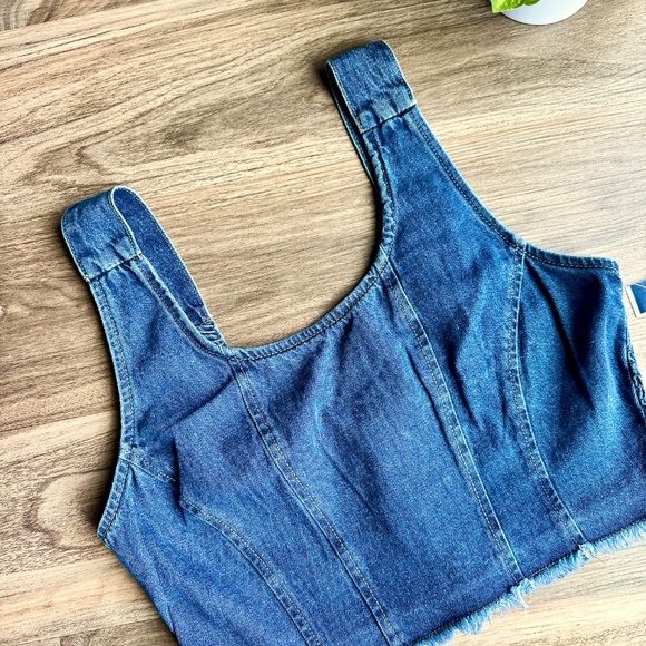 NWT Lone Star Blue Denim Corset Crop Top Smocked Back & Front Raw Hem  – Size M - Picture 3 of 8